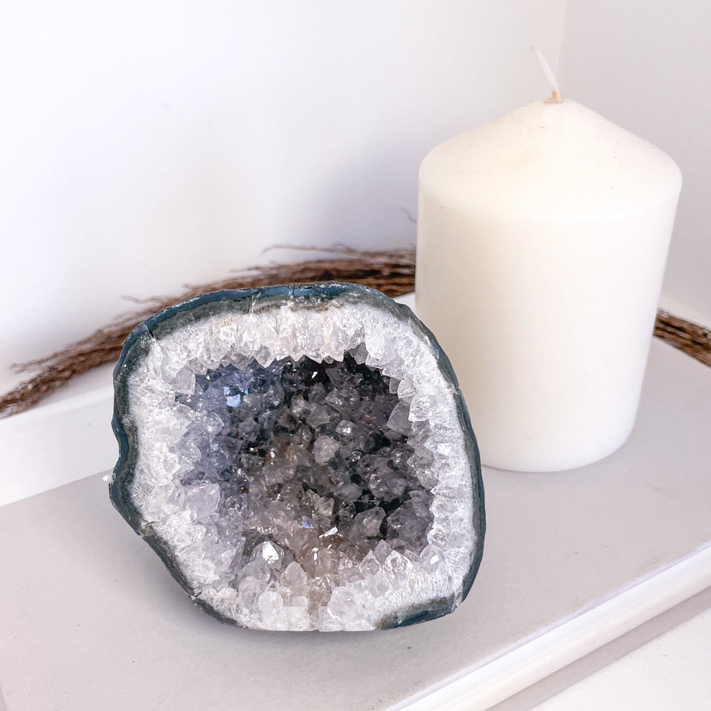 Grey Amethyst polished edge crystal geode egg cluster