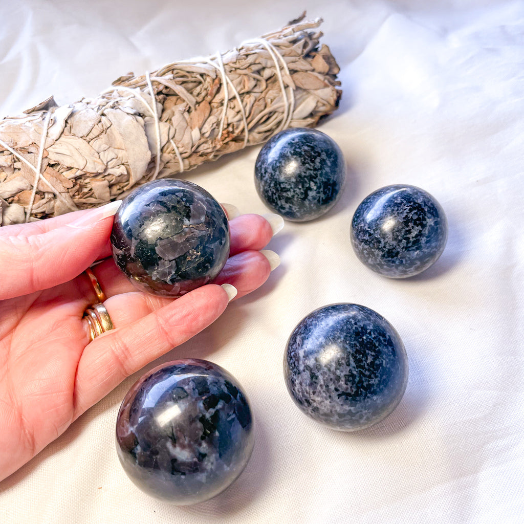 Indigo Gabbro crystal palm stone or sphere