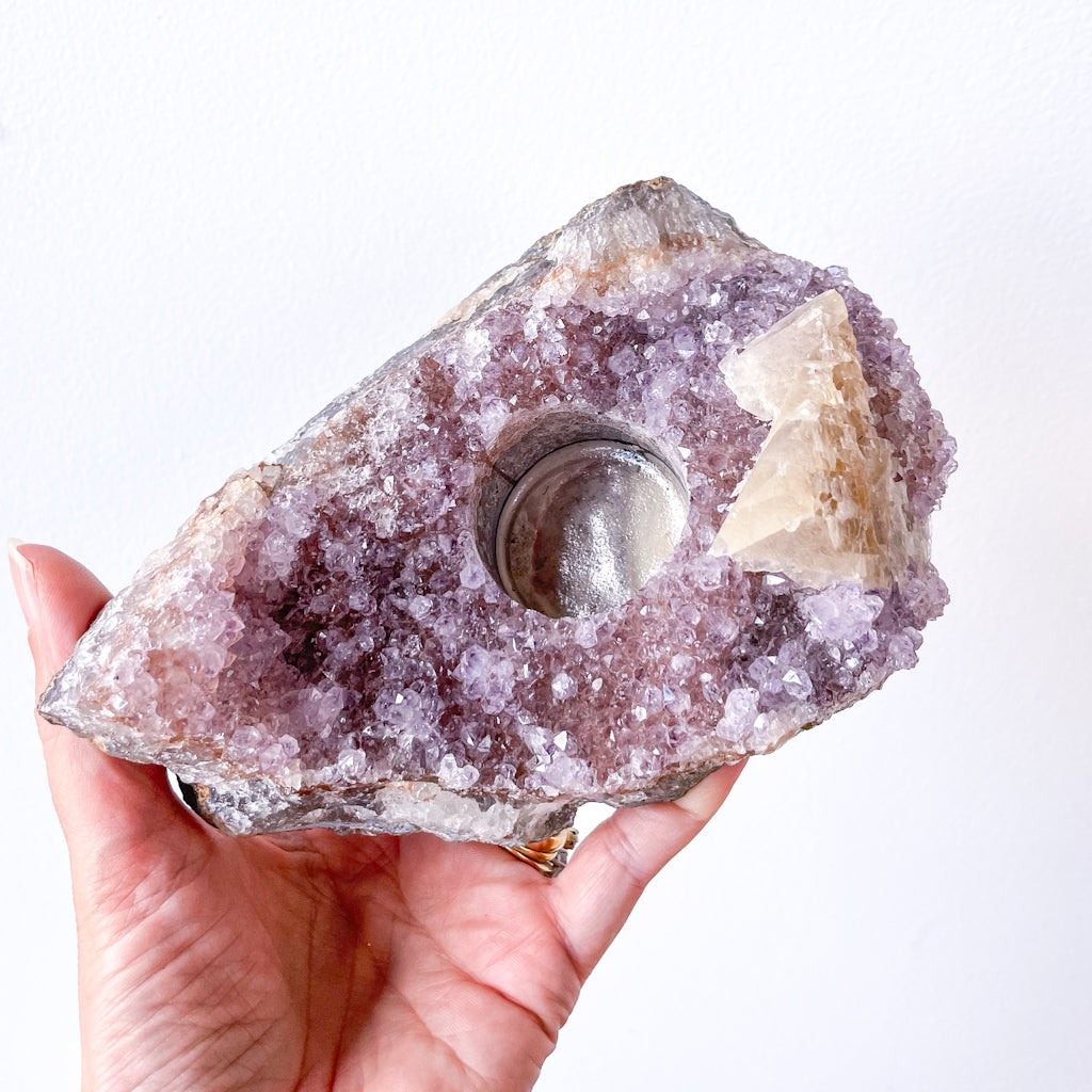 Amethyst + calcite crystal cluster candle holder XL 900g