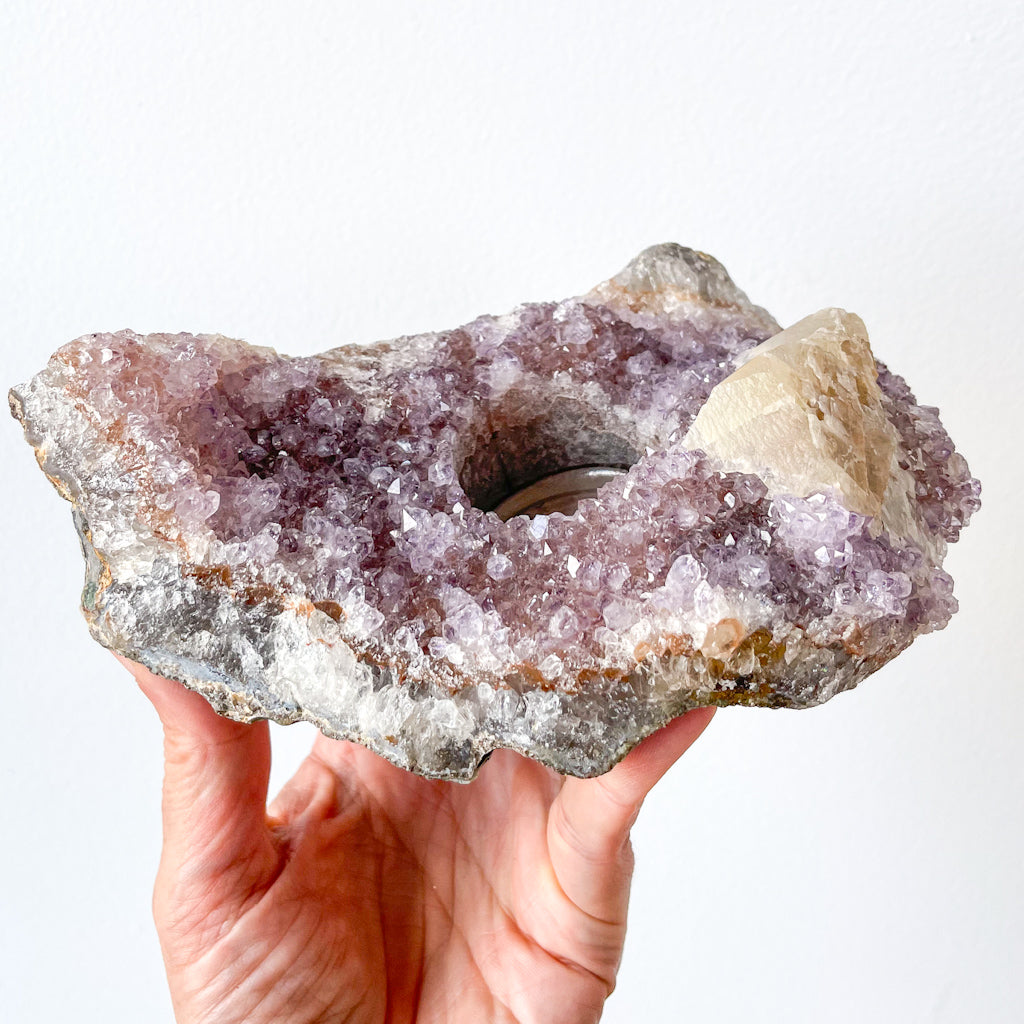 Amethyst + calcite crystal cluster candle holder XL 900g