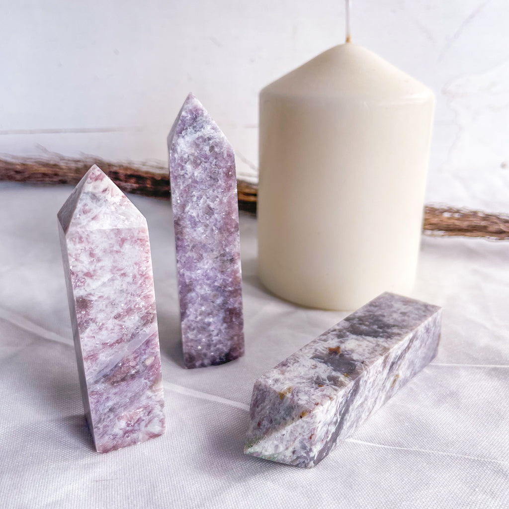 Pink tourmaline, lepidolite + mica crystal point generator tower