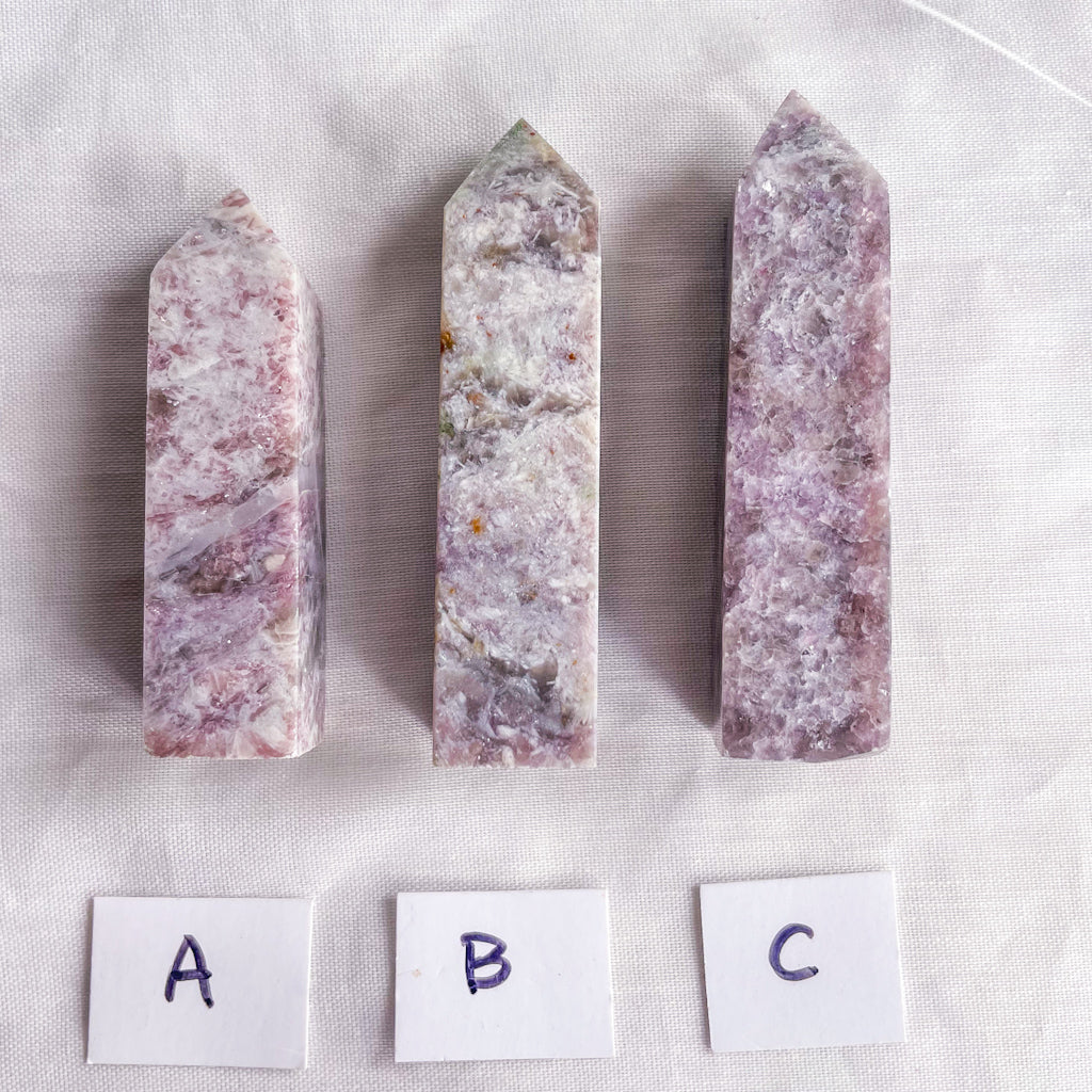 Pink tourmaline, lepidolite + mica crystal point generator tower