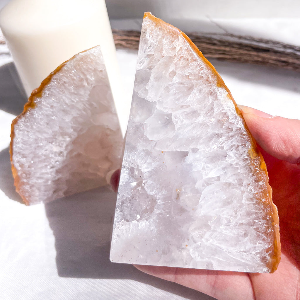 Clear quartz + Agate crystal geode bookend pair