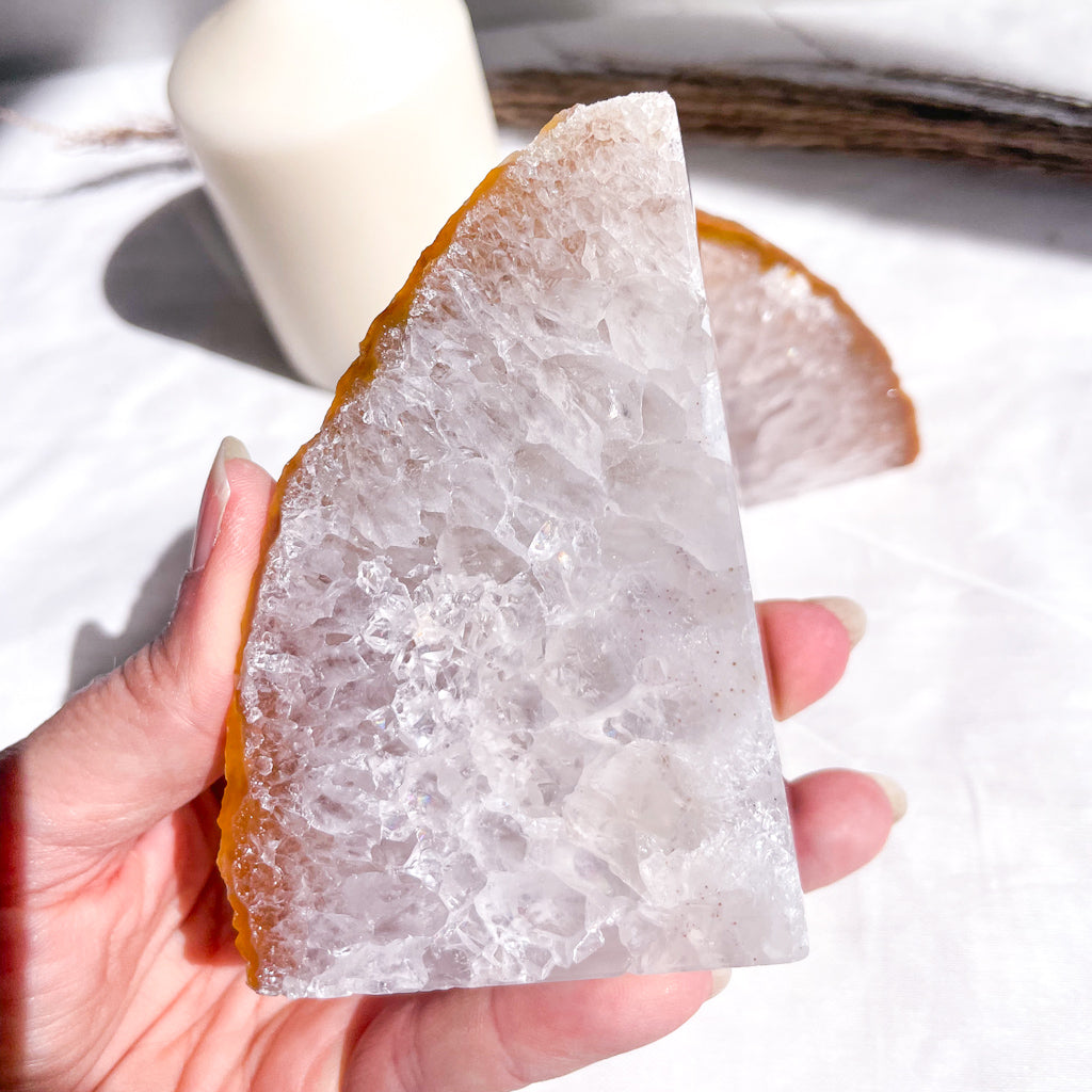 Clear quartz + Agate crystal geode bookend pair