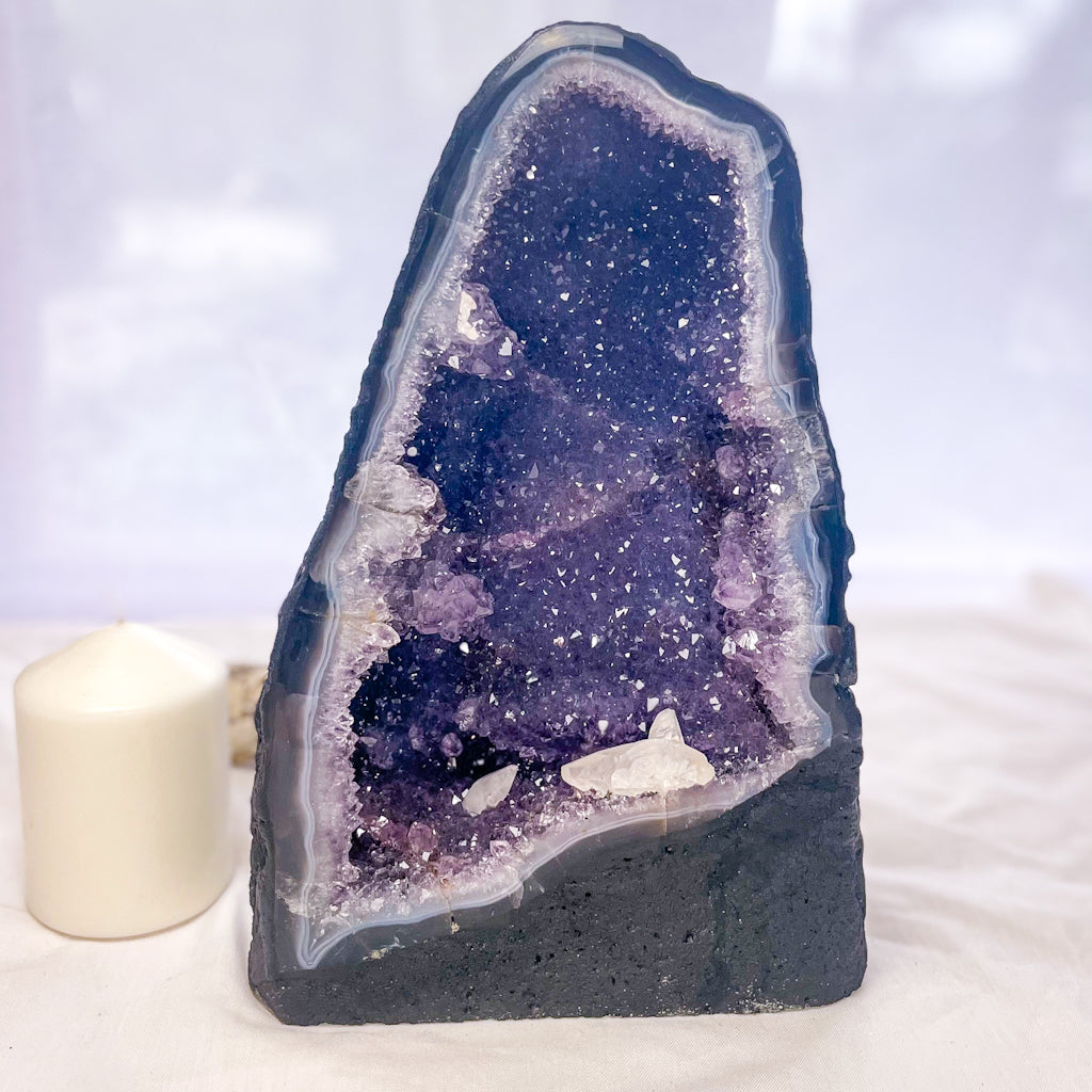 Amethyst, Clear Quartz + Blue Lace agate crystal geode cave cathedral 29cm XL