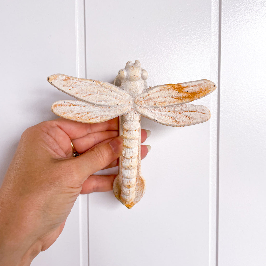 Antique metal Dragonfly door knocker white washed