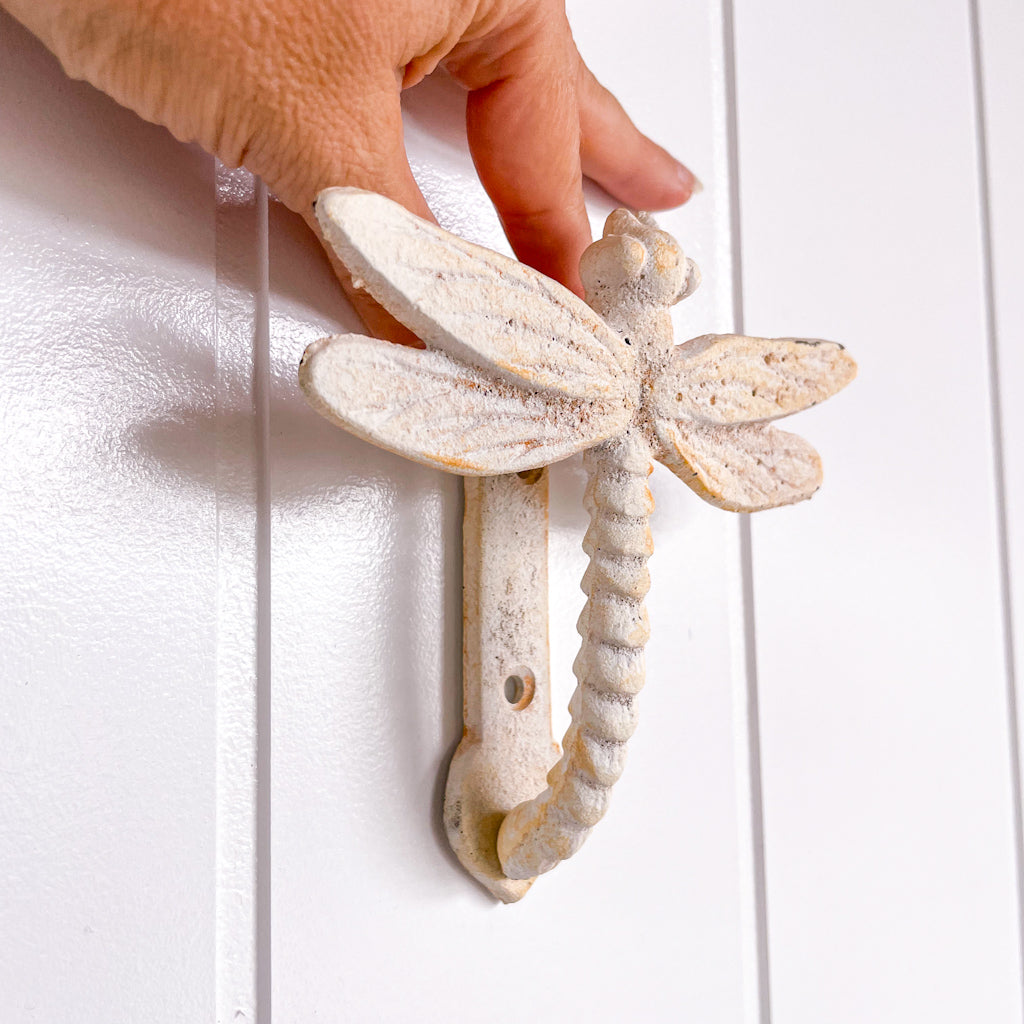 Antique metal Dragonfly door knocker white washed