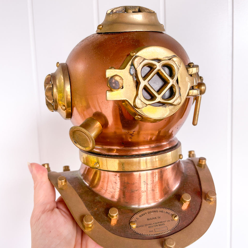 Antique brass + copper deep sea divers helmet statue