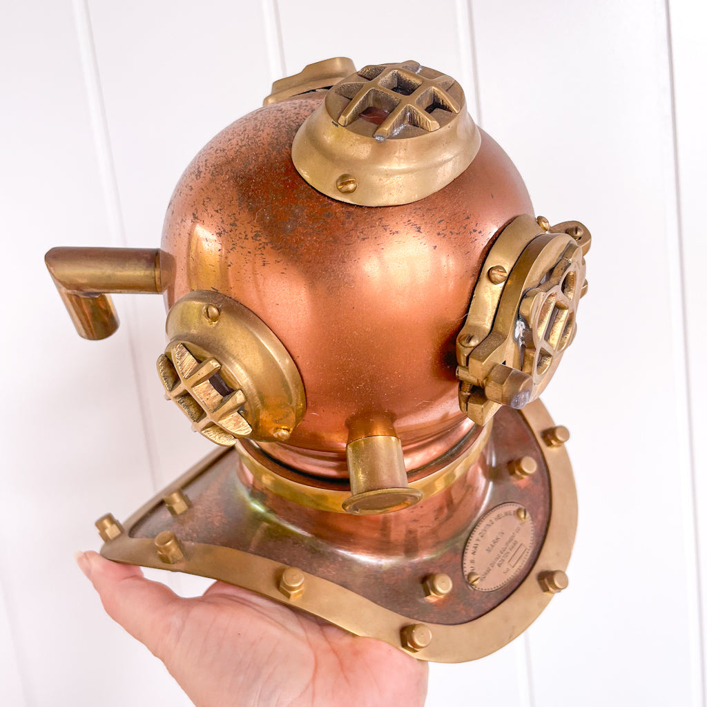 Antique brass + copper deep sea divers helmet statue