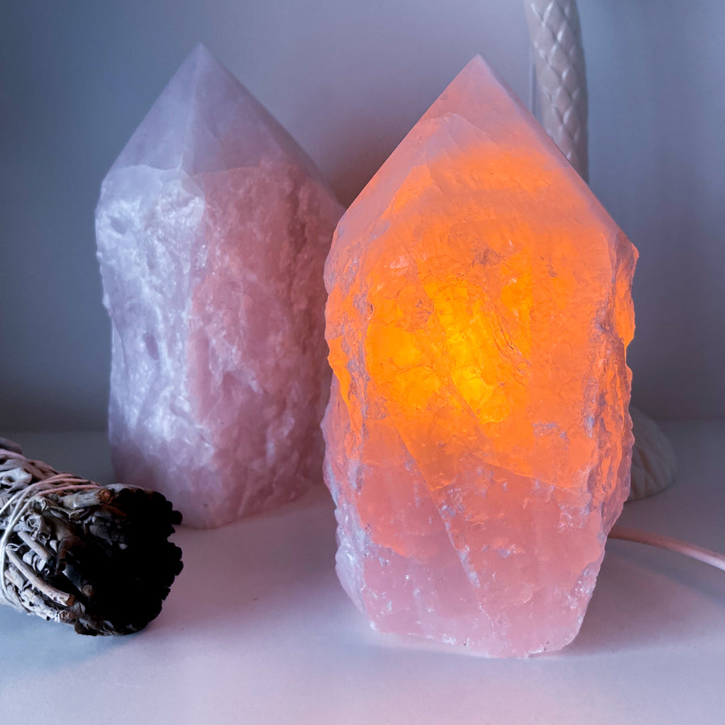 Rose quartz crystal lamp raw + polished generator tower