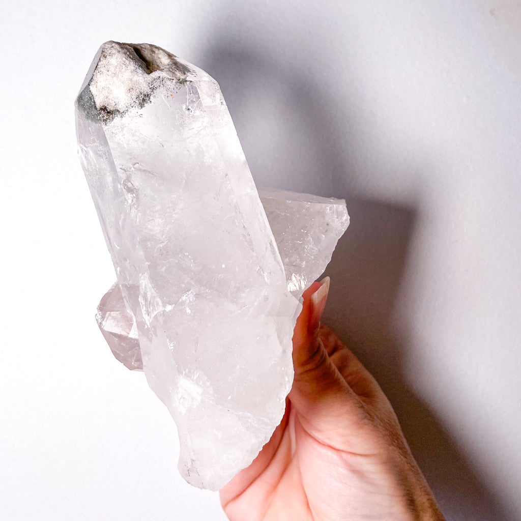 Phantom chlorite clear quartz crystal cluster point