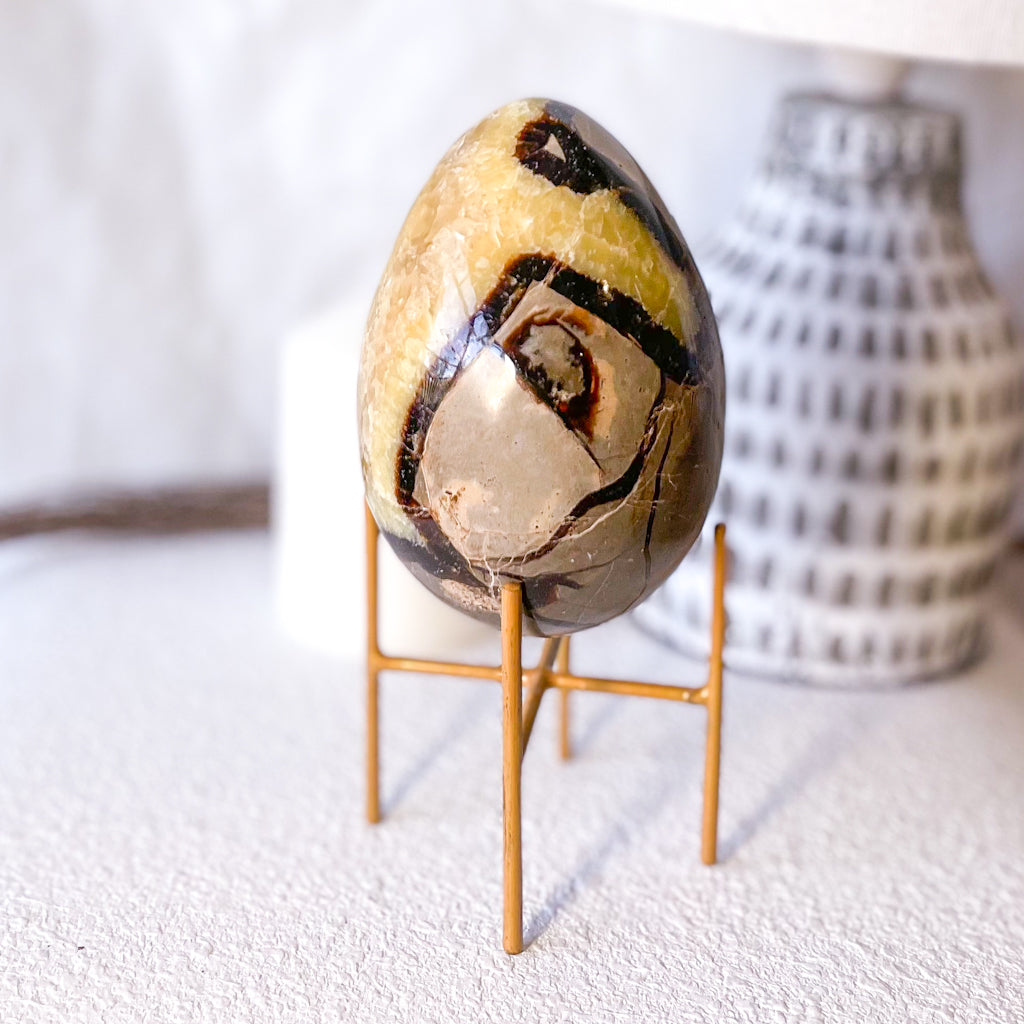 Septarian nodule crystal egg XL with gold stand