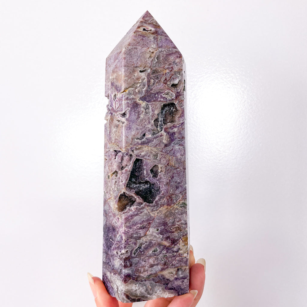 Purple Fluorite + druzy sphalerite crystal generator tower XL 21cm