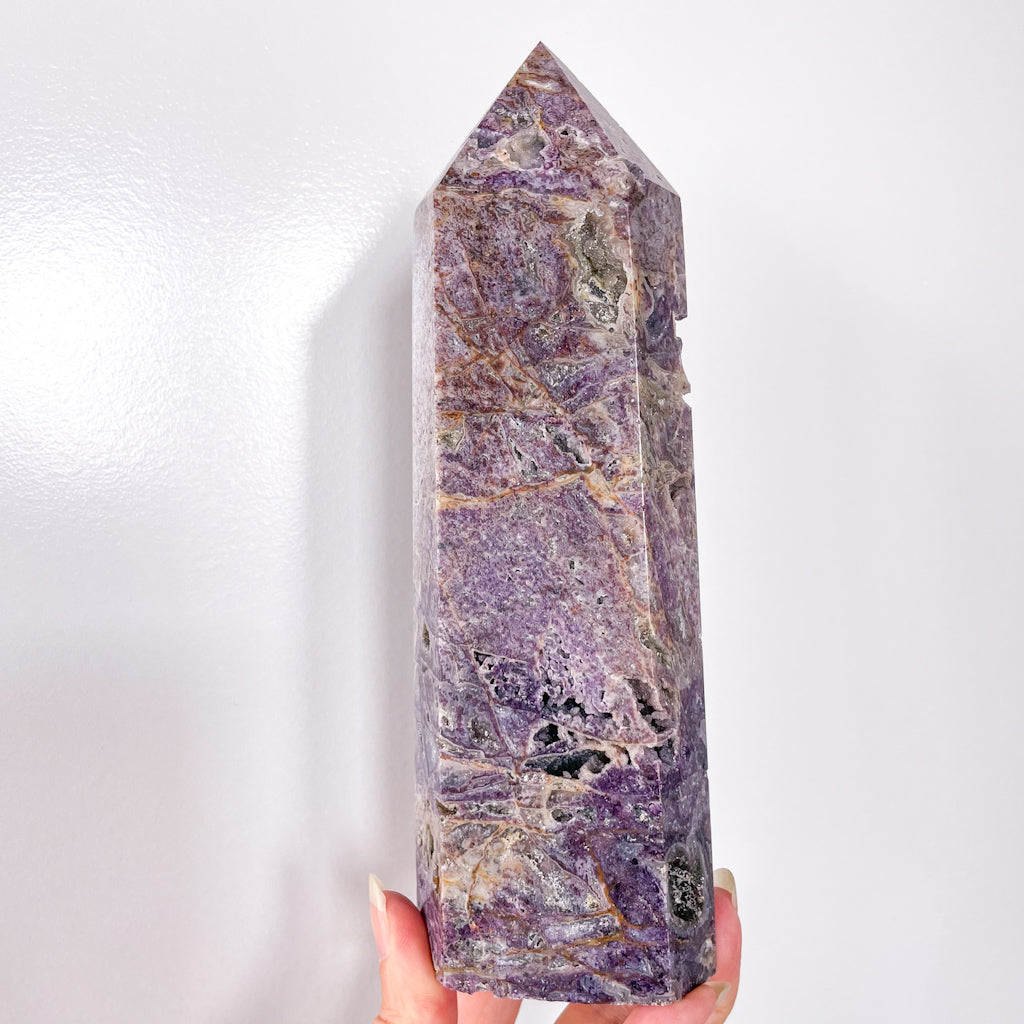 Purple Fluorite + druzy sphalerite crystal generator tower XL 21cm