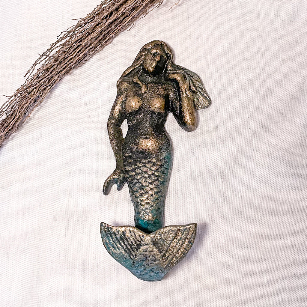 Mermaid bronze with aged teal iron wall hook