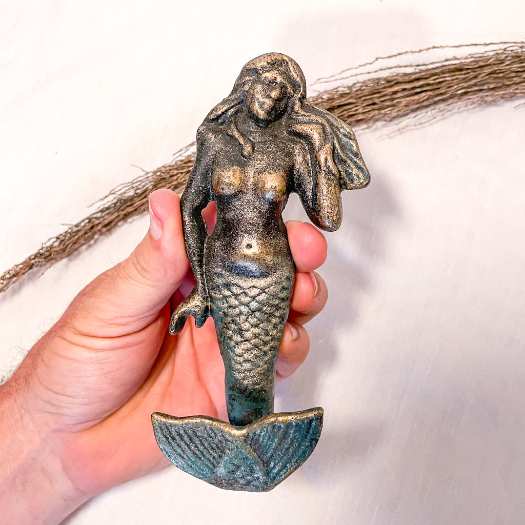 Mermaid bronze with aged teal iron wall hook