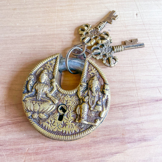 Brass handmade Indian Tara + Ganesh padlock