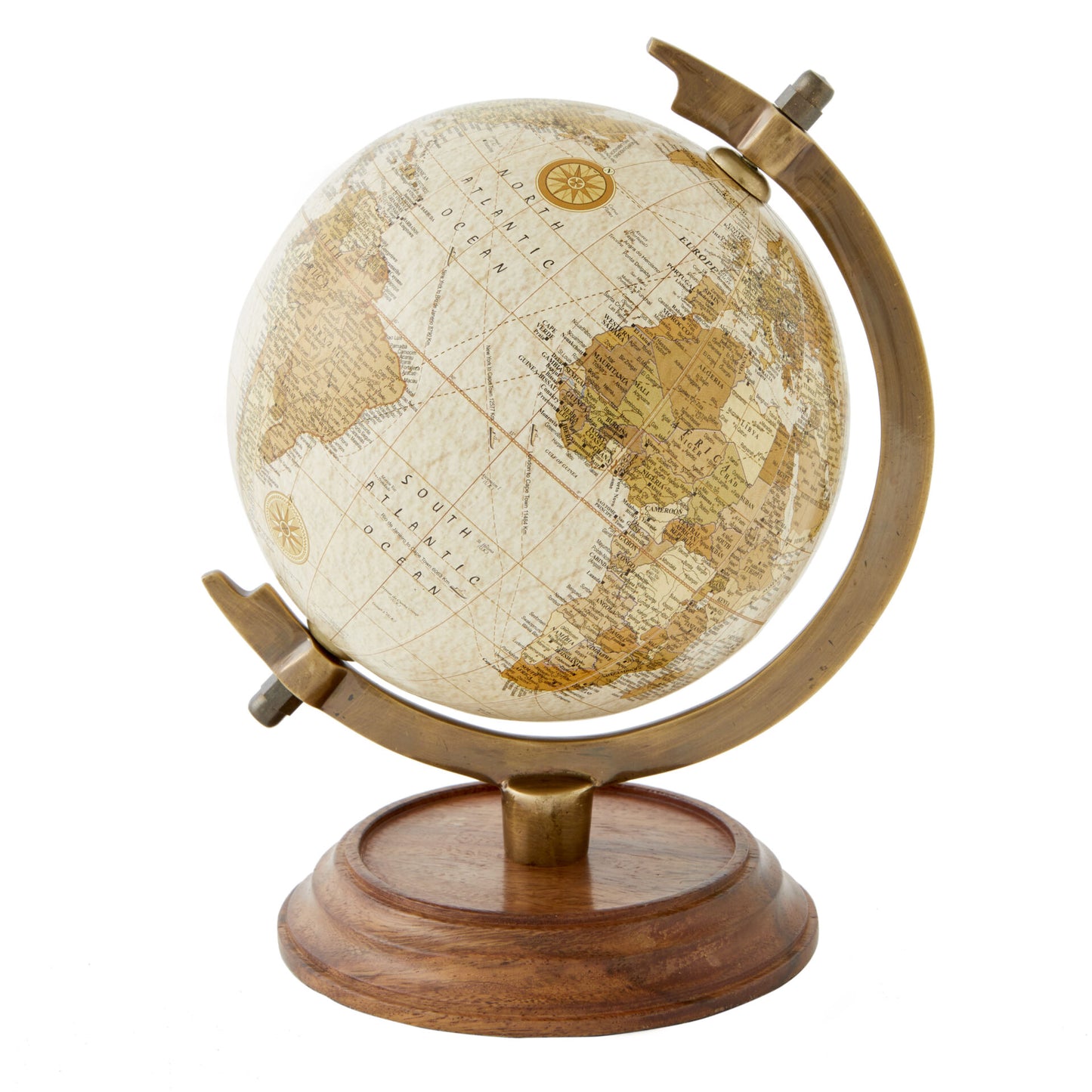 Antique world map globe with brass + wood stand