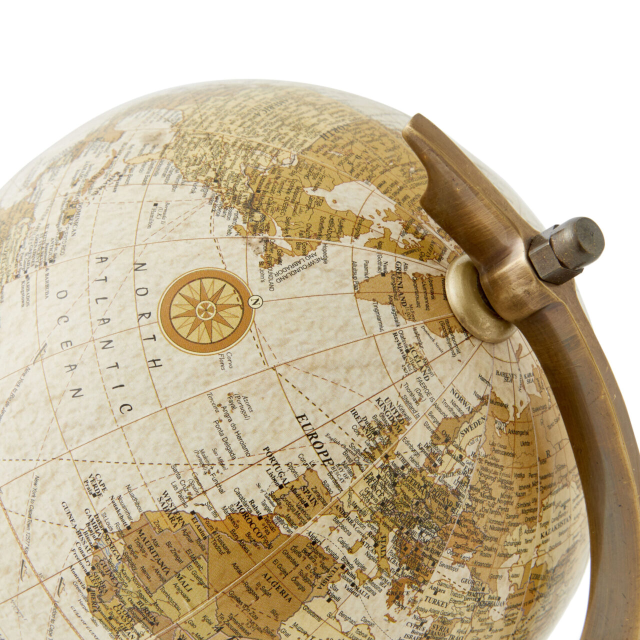 Antique world map globe with brass + wood stand