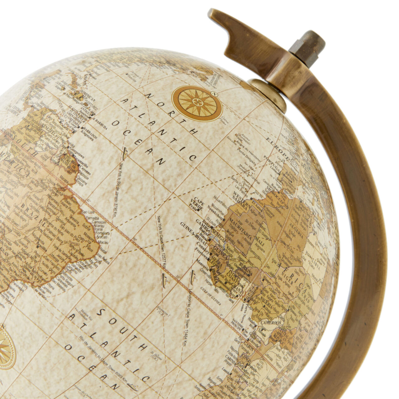 Antique world map globe with brass + wood stand