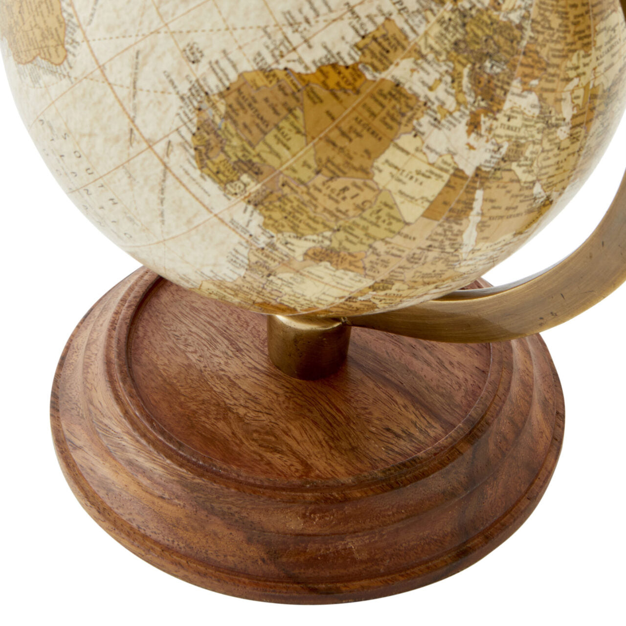 Antique world map globe with brass + wood stand