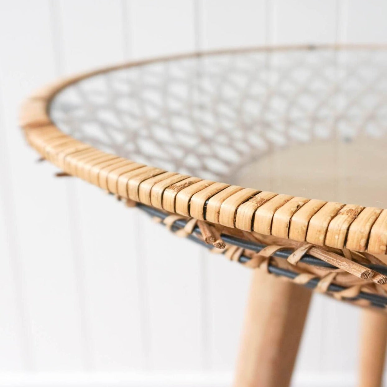 Basket weave side table - Glass top, rattan + wood table