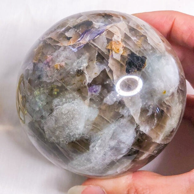 Lepidolite, Smoky Quartz, Tourmaline, Aquamarine + Charoite A grade crystal sphere