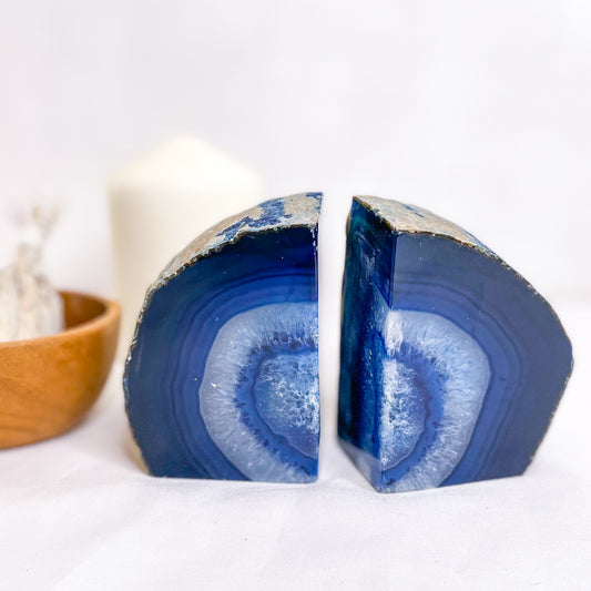 Coloured Agate crystal bookends blue