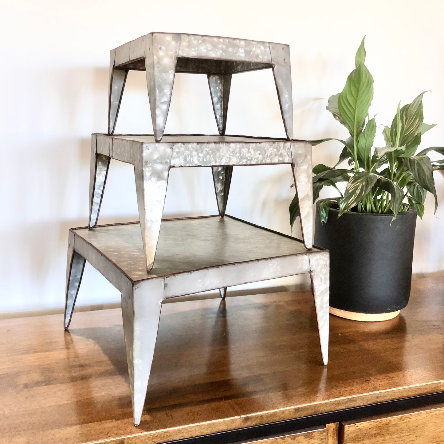Industrial metal square small table / pot holder stool set 3