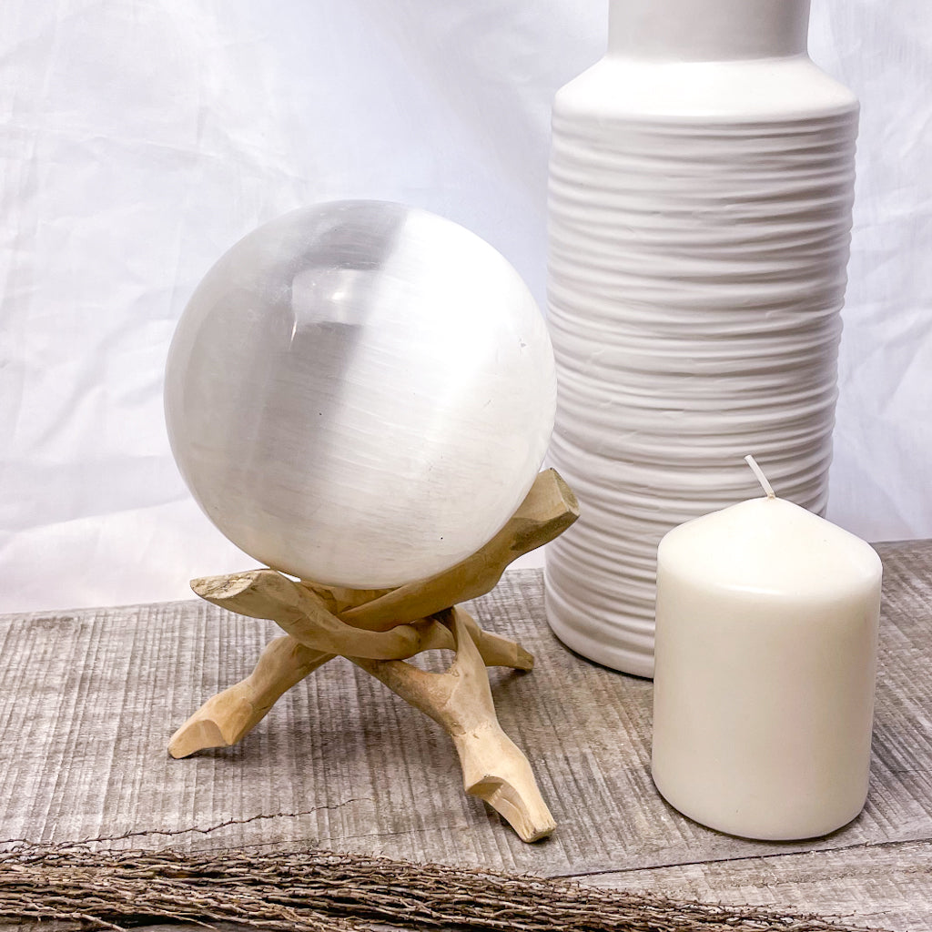 Selenite crystal polished sphere XXL with optional wooden stand
