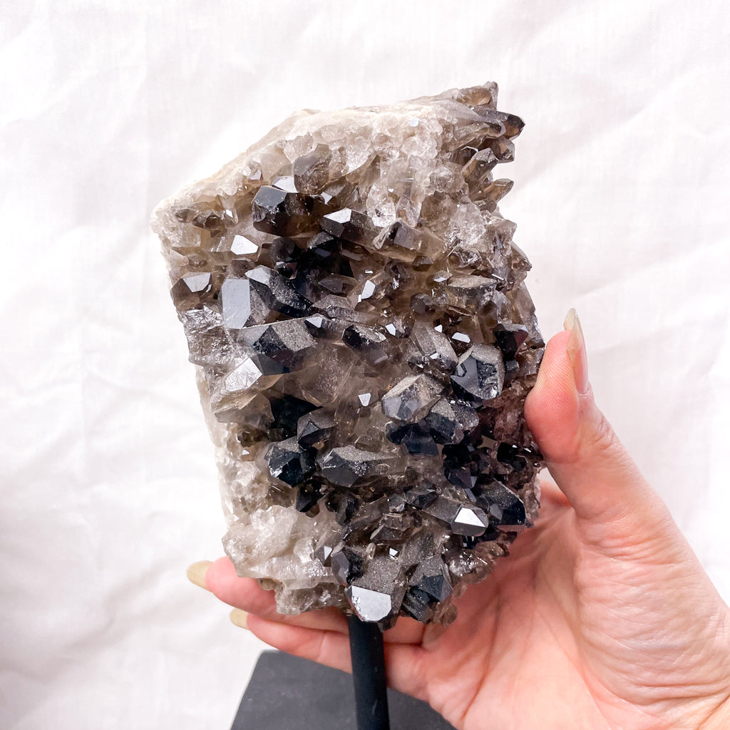 Smoky quartz crystal cluster metal stand L 20cm