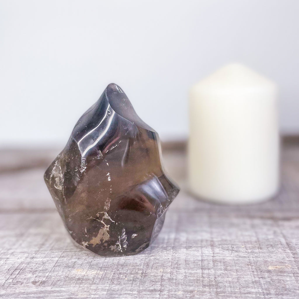 Smoky quartz crystal polished flame