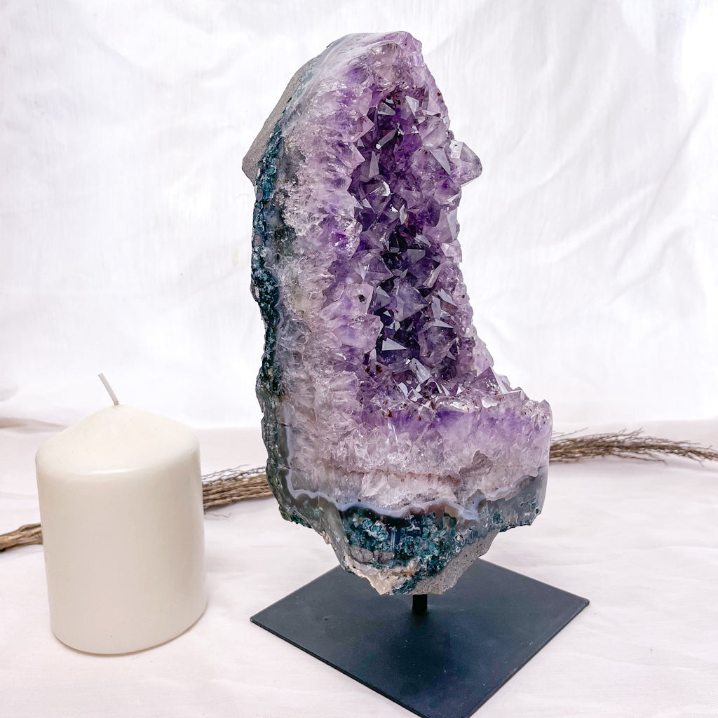 Amethyst + Blue Lace agate crystal polished cluster on metal stand 3kg