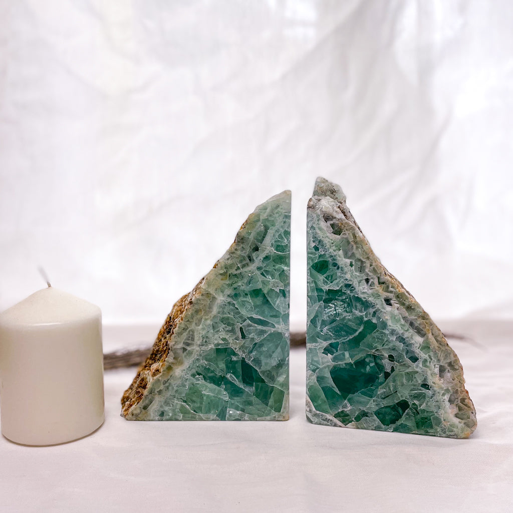 Fluorite green polished crystal bookend pair 2.9kg