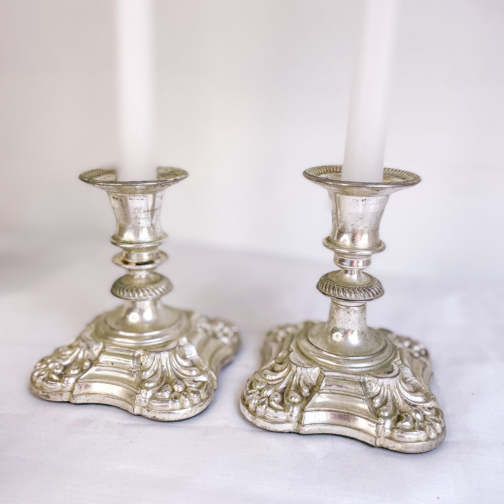 Antique silver candle holder pair