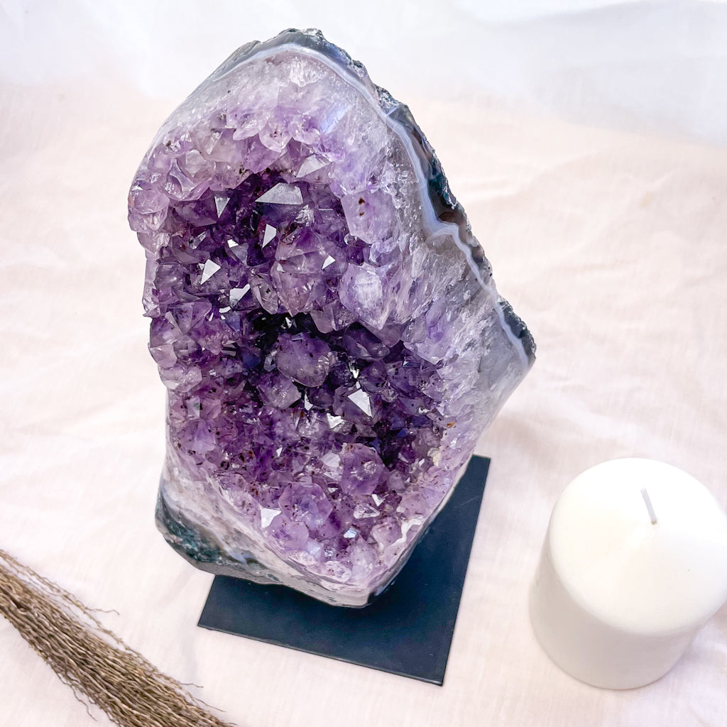 Amethyst + Blue Lace agate crystal polished cluster on metal stand 3kg