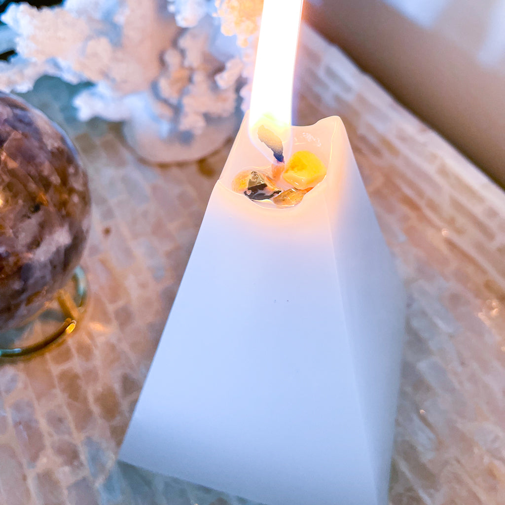 Handmade white pyramid opal crystal candle