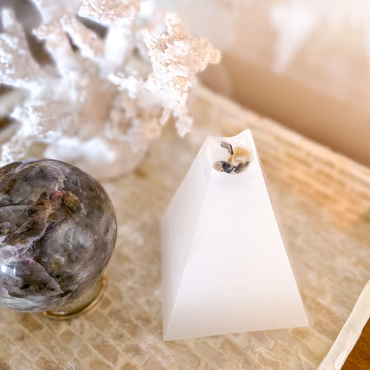 Handmade white pyramid opal crystal candle