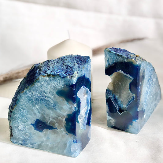 Coloured Agate crystal geode bookends blue druzy