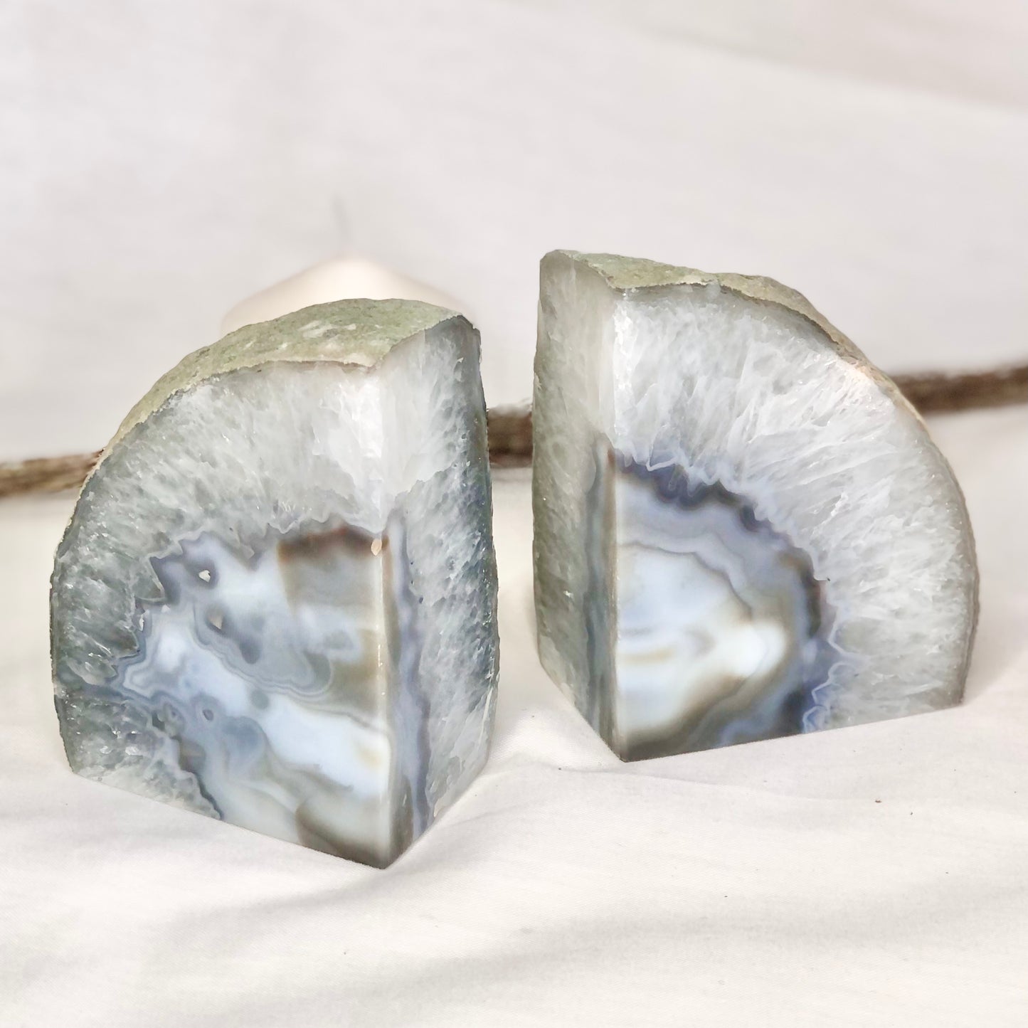 Natural Agate crystal geode stone bookend pair grey brown ivory