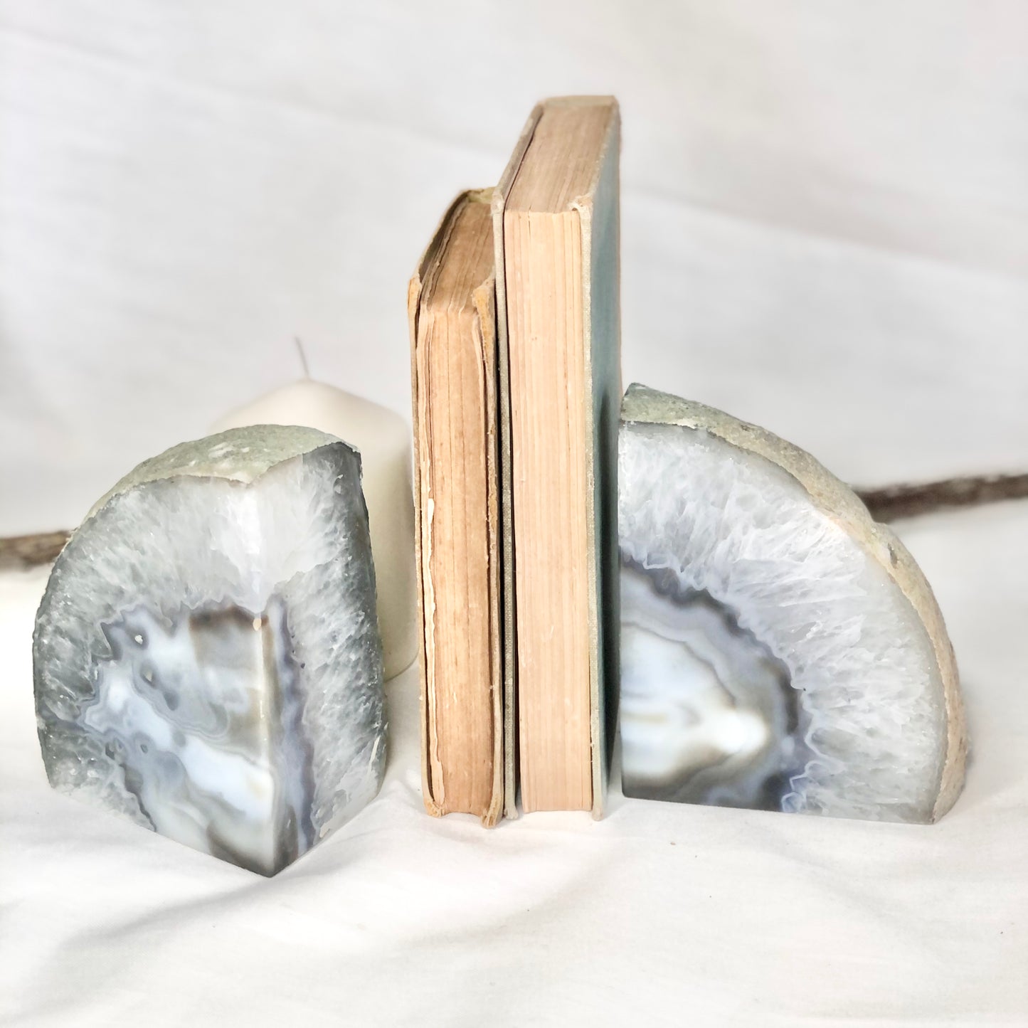 Natural Agate crystal geode stone bookend pair grey brown ivory