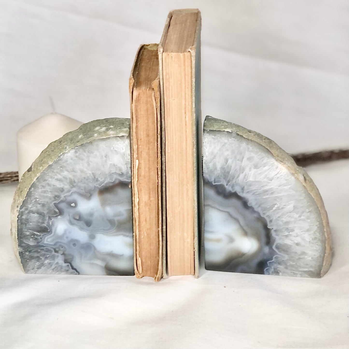 Natural Agate crystal geode stone bookend pair grey brown ivory