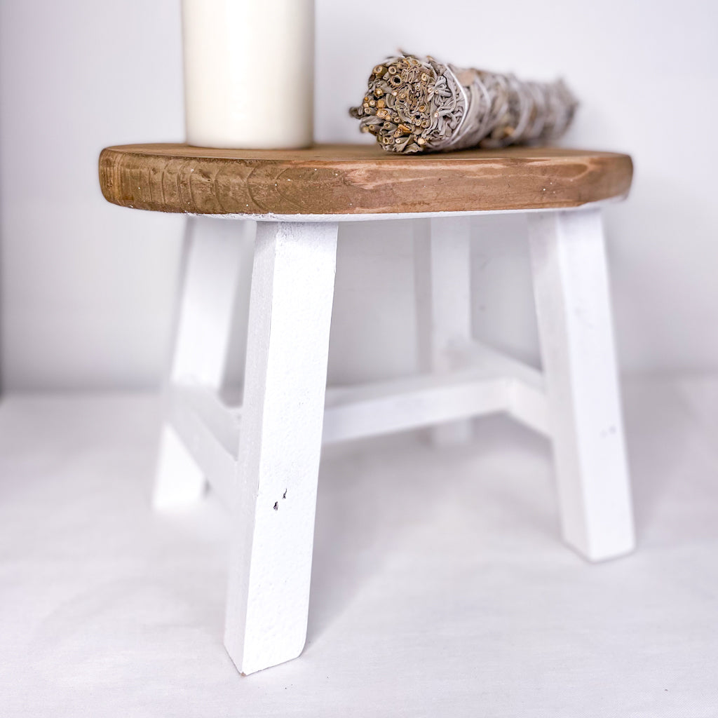 Hamptons wooden + white wash pot holder / milking stool
