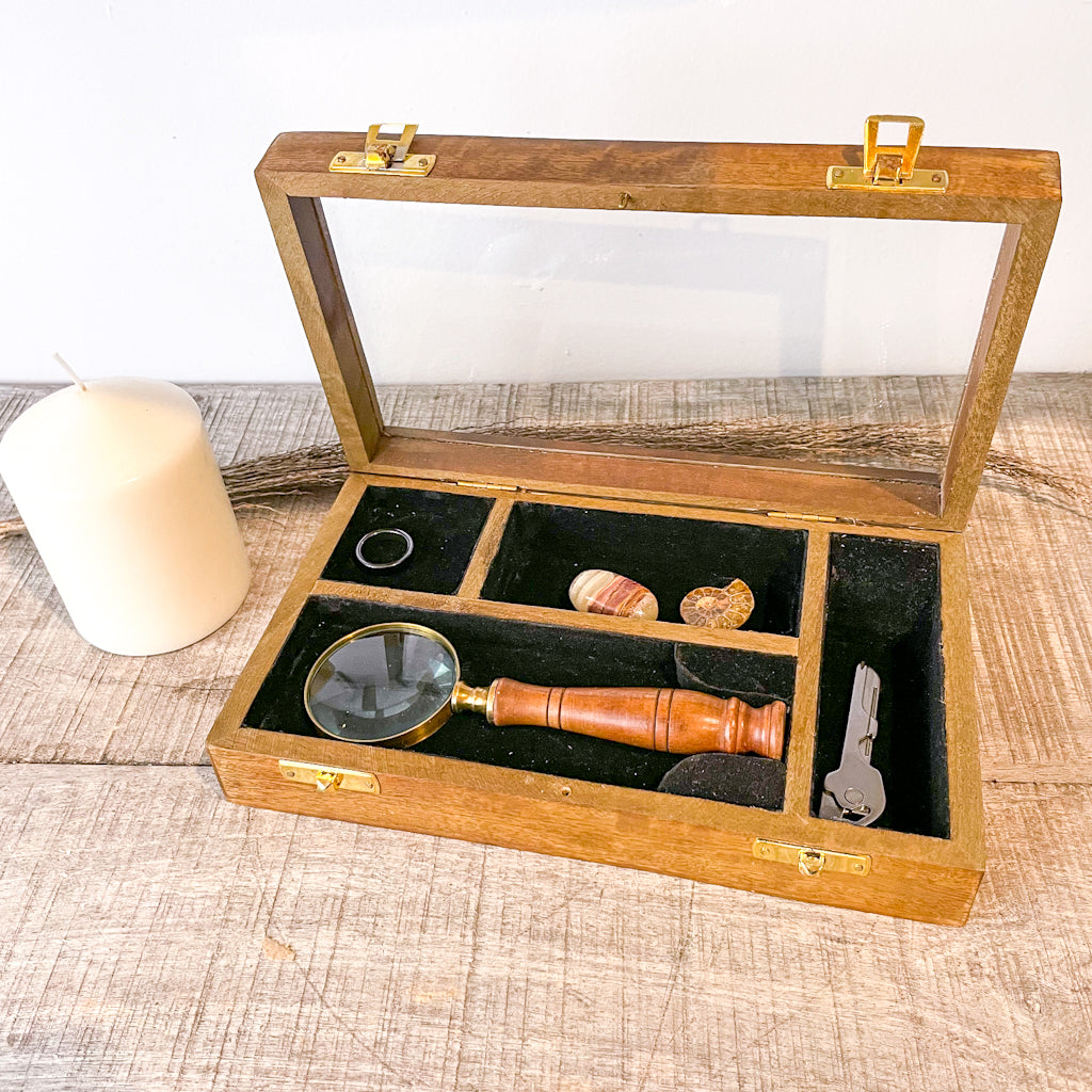 Wooden desk display box with antique brass magnifying glass