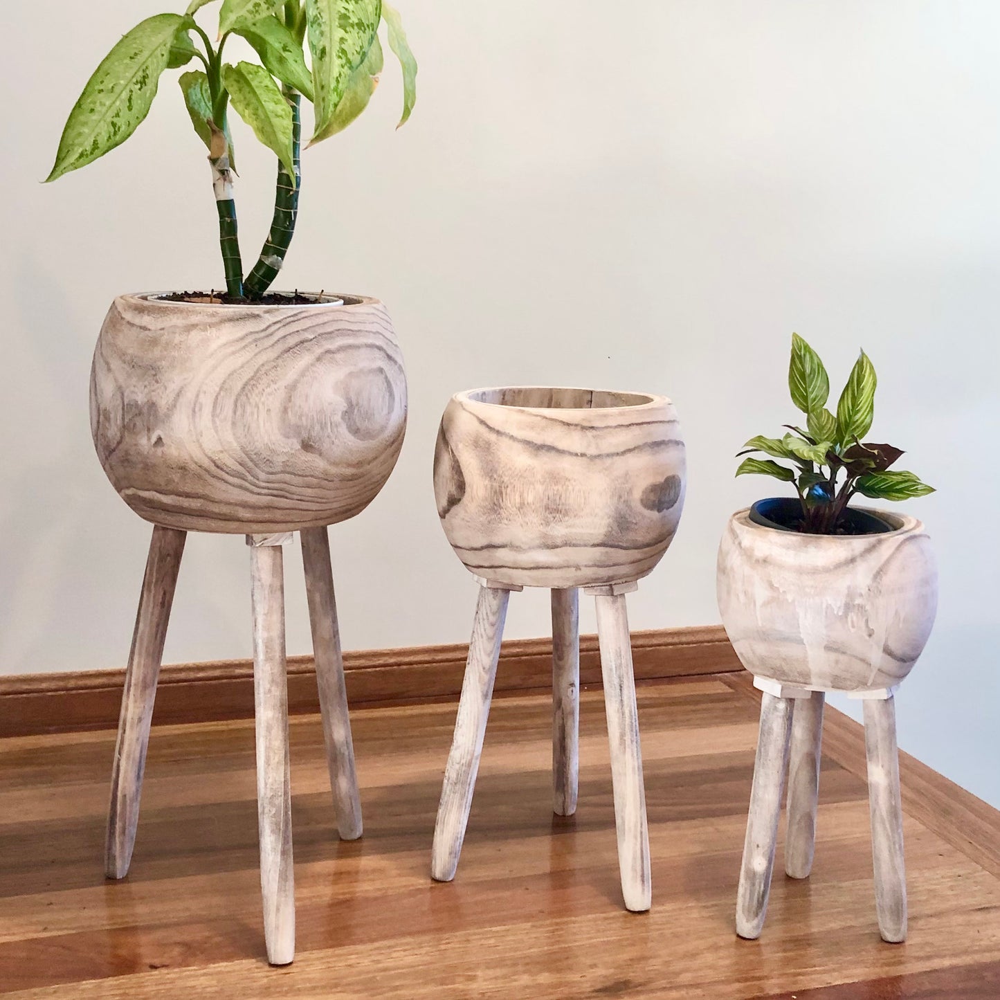 Kiri white washed wood pot plant stand