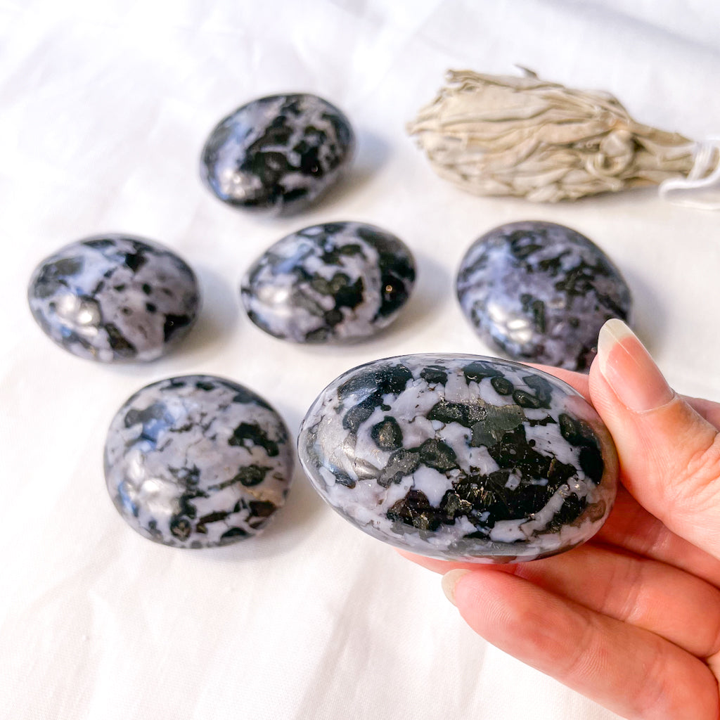 Indigo Gabbro crystal palm stone or sphere