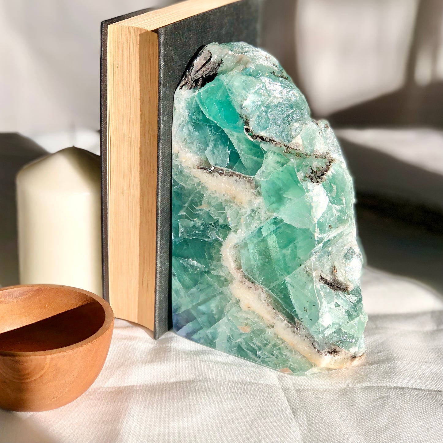 Fluorite green polished crystal single bookend