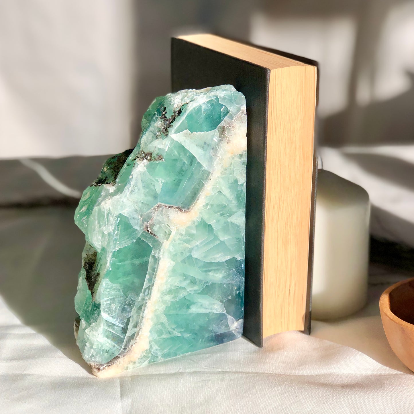 Fluorite green polished crystal single bookend