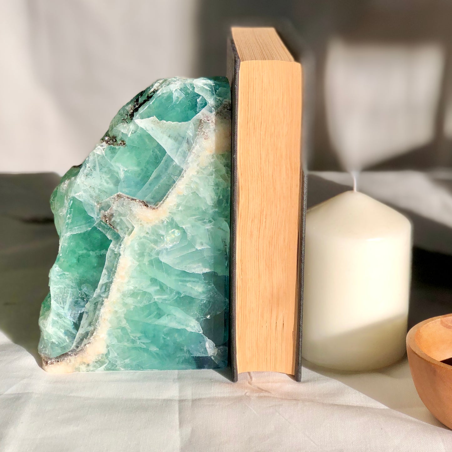 Fluorite green polished crystal single bookend