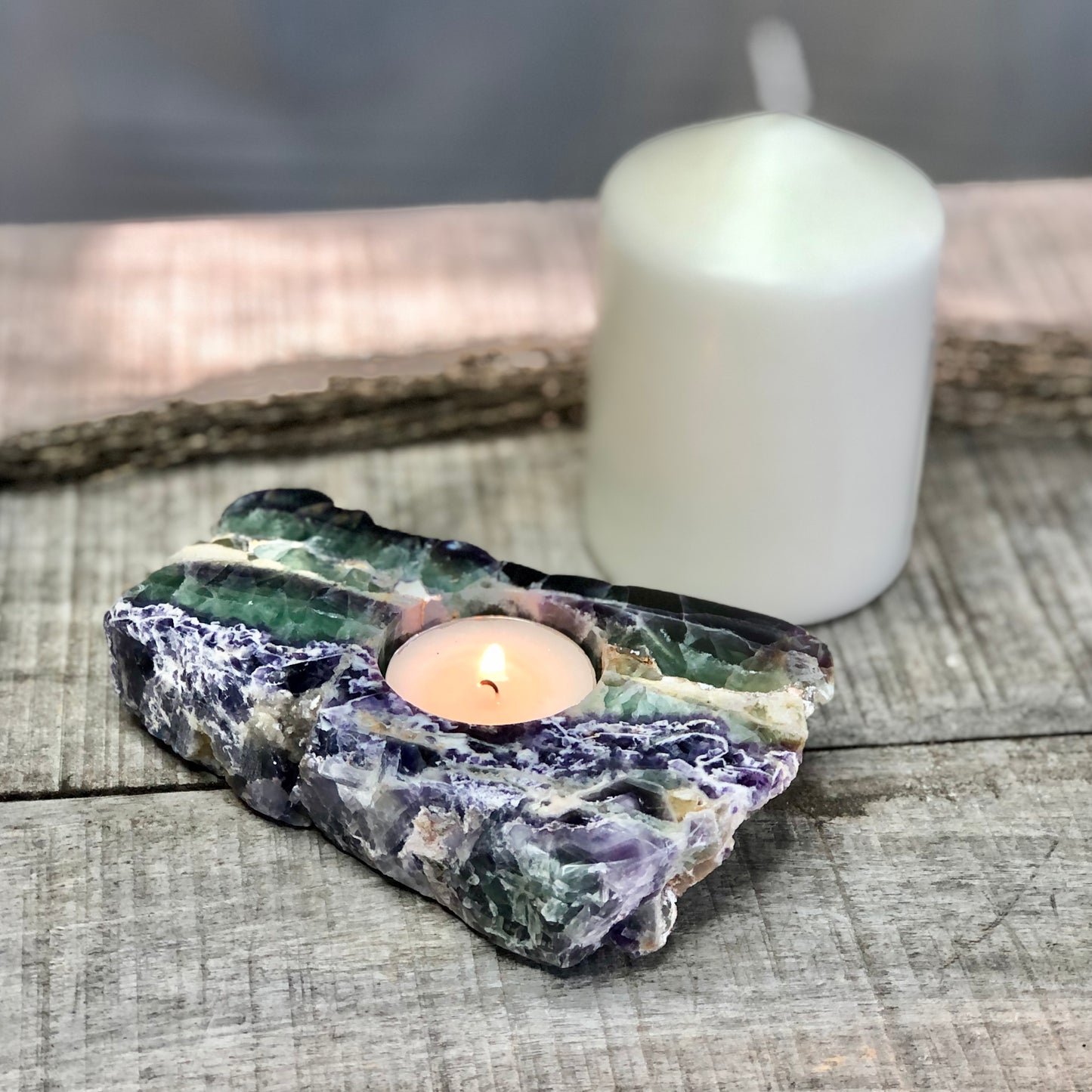 Fluorite rainbow polished top crystal candle holder